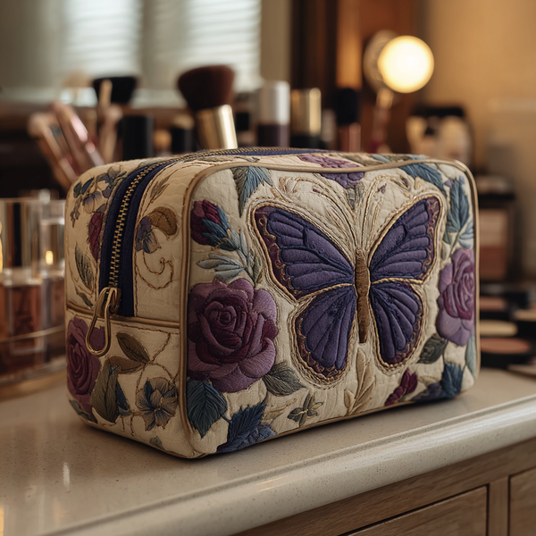 Bo – Gewatteerde toilettas Geborduurde Vlinders en Bloemen