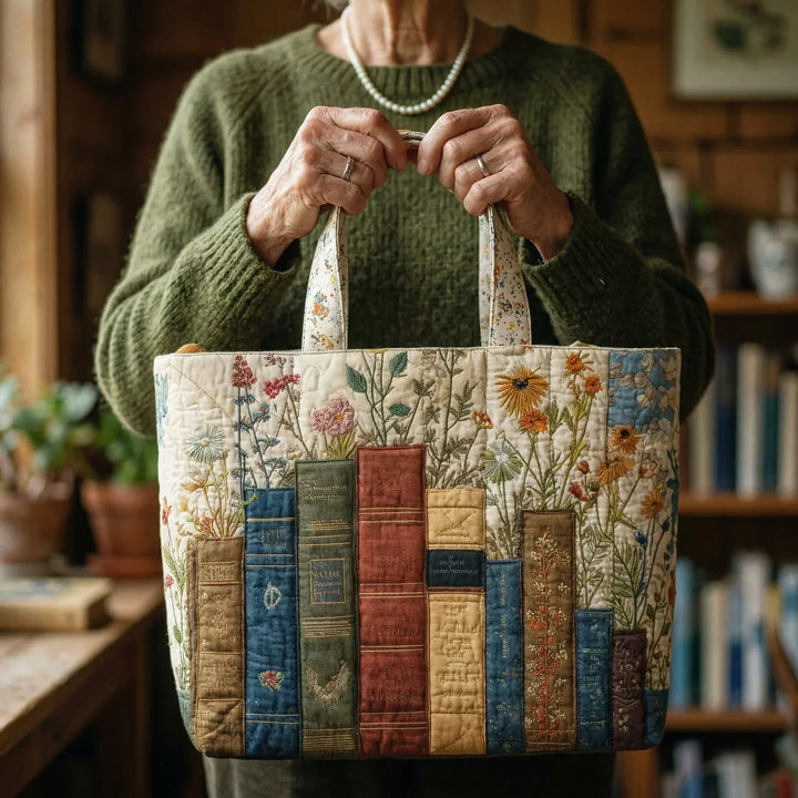 Handgemaakte Gequiltte Tas - Boeken en Bloemen